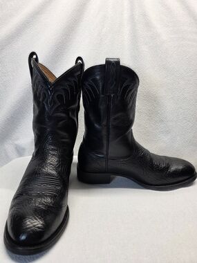 Ariat Men's Black Leather Western Roper Cowboy Boots Pull On Blue Embrodery 8.5D
